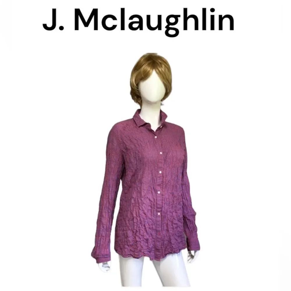J.McLaughlin Blue Red Gingham Plaid Lois Crinkle Long Sleeve Button Down Shirt M